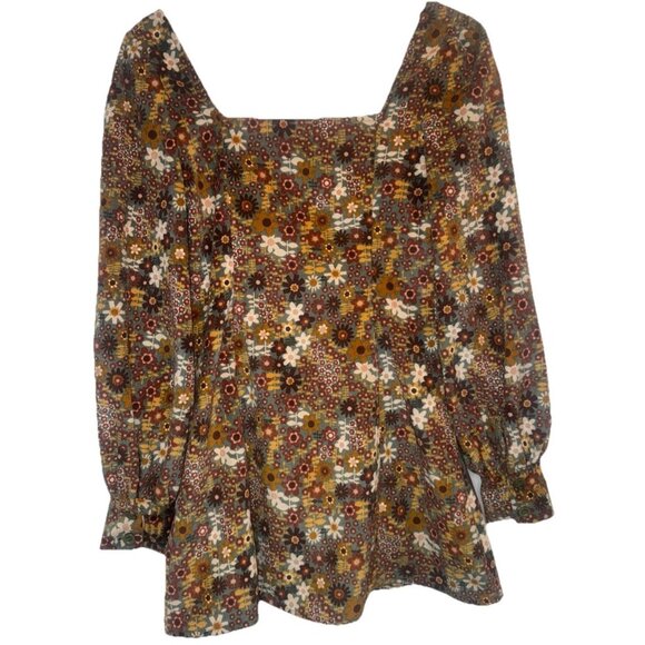 Cider Womens Corduroy Flower Power Retro Button Up Puff Long Sleeve Mini Dress S - Picture 1 of 8